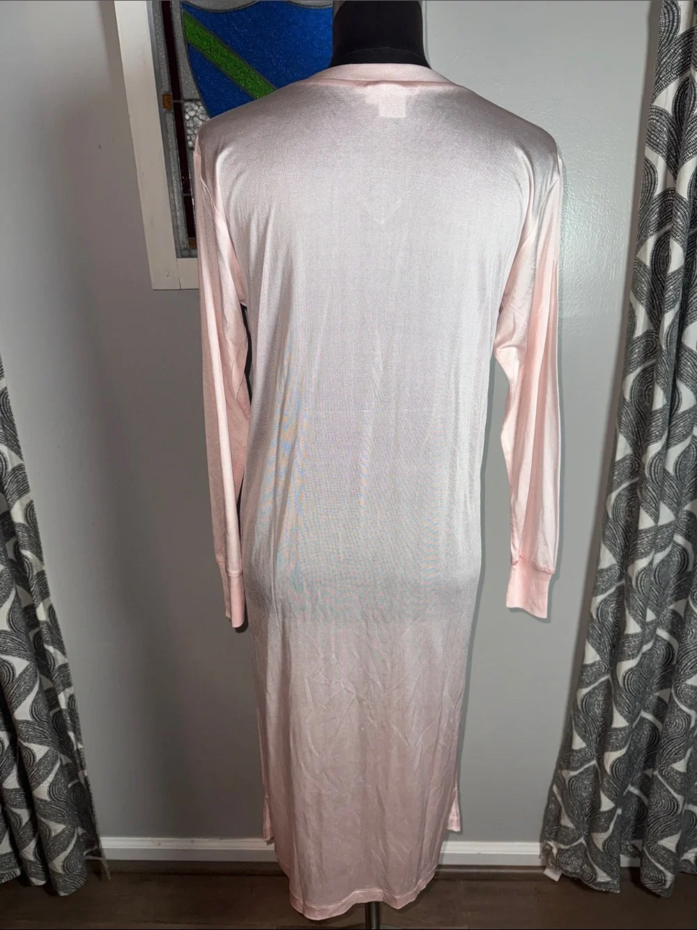 WinterSilks Light Pink 100% Silk Long Sleeve V-Neck Maxi Nightgown / Loungewear